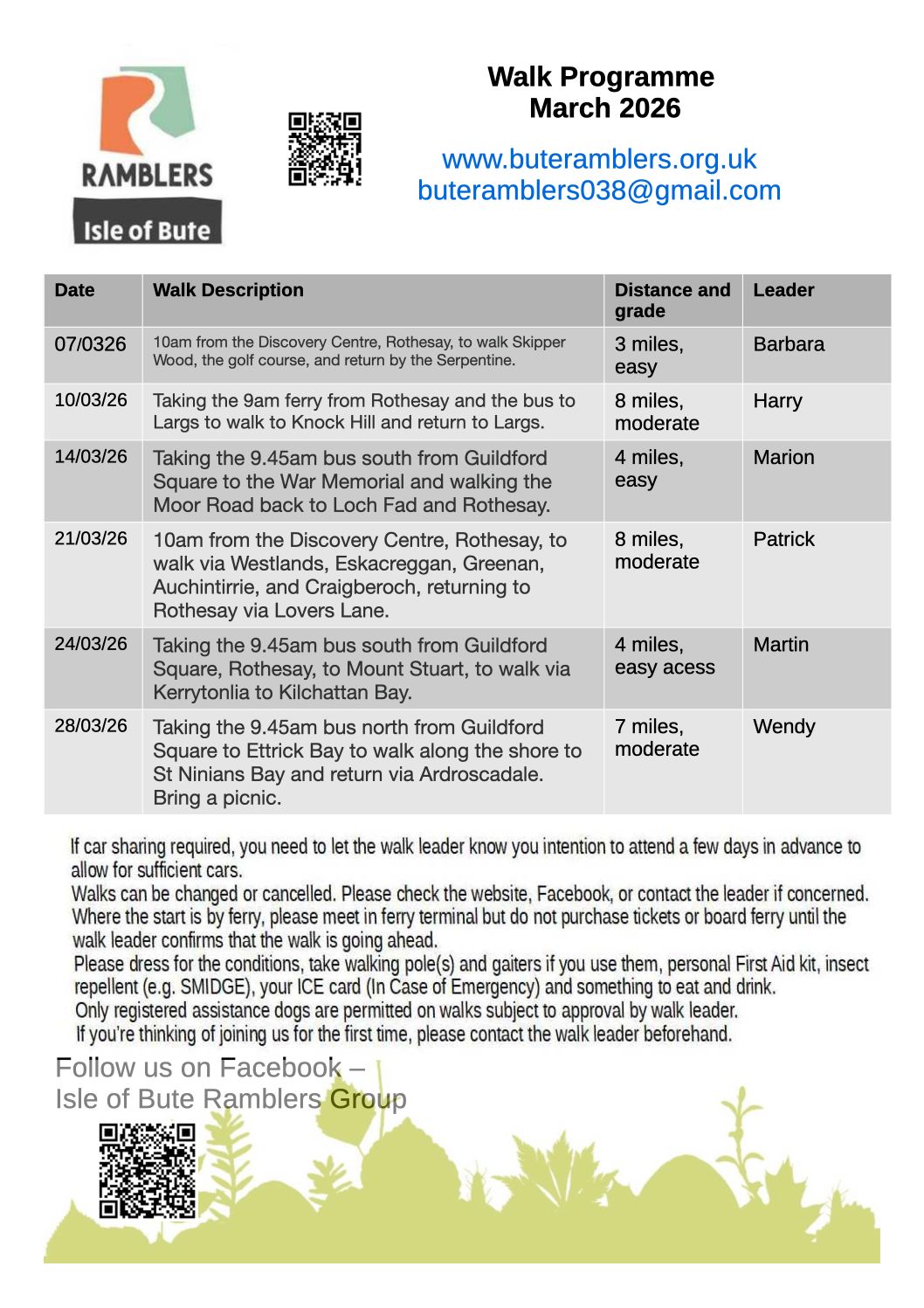 Walks programme for March 2026